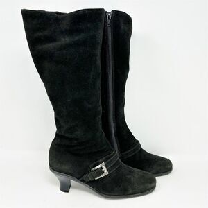 La Canadienne Women's Black Knee High Boots Size 8 Mid Heel Buckle Square Toe